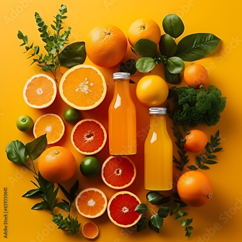 bottles of delicious juices and fresh ingredients on orange background  mockup