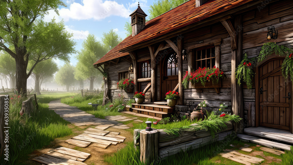 Rustic concept background photorealistic exterior terrace house in the forest