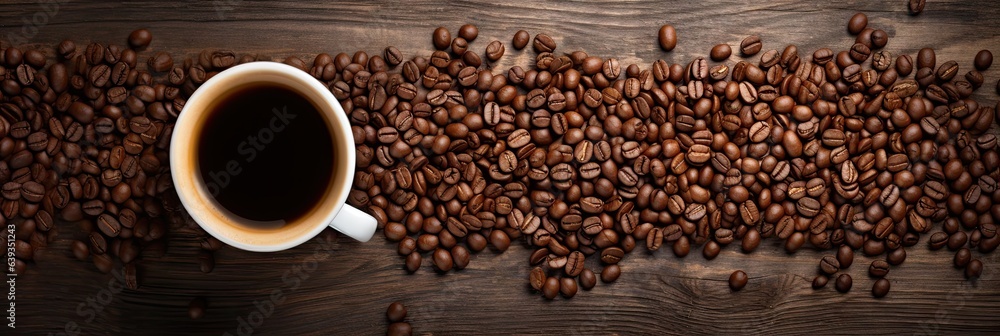 Naklejka premium a hot cup of coffee with coffee beans