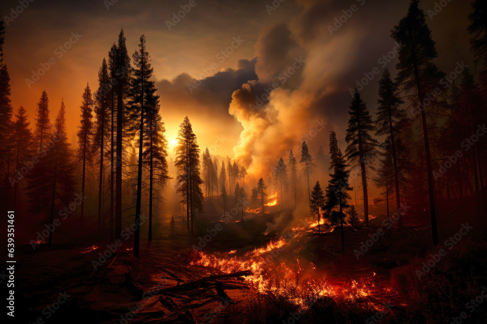 very powerful forest fire, coniferous forest is burning, fire and smoke cover the sky very powerful forest fire, coniferous forest is burning, fire and smoke cover the sky