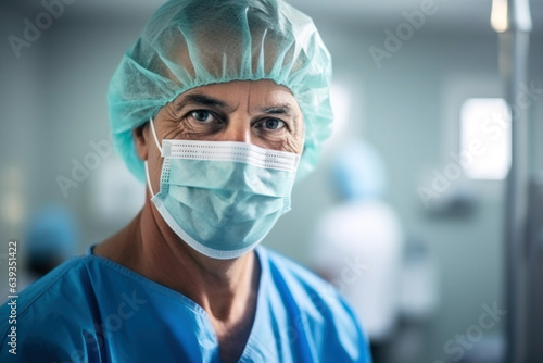 Photo of a man wearing a surgical mask in a hospital