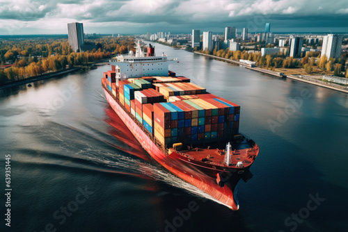 sea container ship sailing on a wide channel aerial view