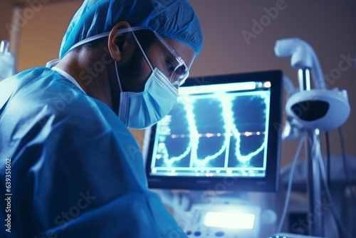 Photo of a surgeon in a surgical gown analyzing medical data on a computer screen