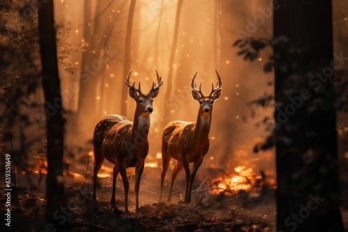 A strong forest fire, a herd of forest deer escapes from the fir
