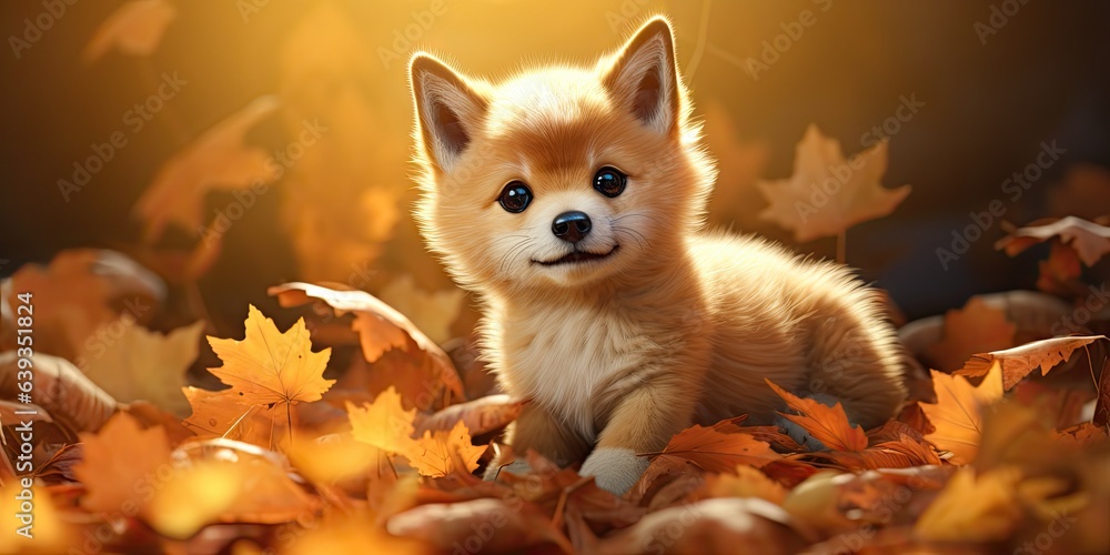 a fluffy shiba inu puppy rolling in the fall leaves - obrazy, fototapety, plakaty 