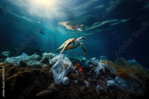 pollution world ocean, sea turtle swims, water polluted household garbage, plastic bags bottles, environmental disaster