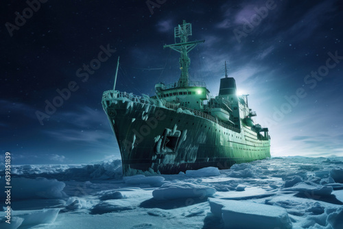 ship sails through the ice of the Arctic Ocean, polar night,northern lights,view from the water level