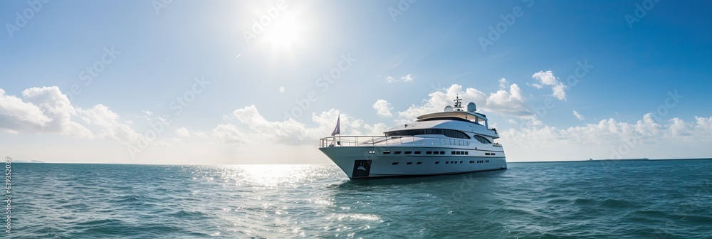 A luxury yacht sailing on the ocean blue with blue skies and blue waters - obrazy, fototapety, plakaty 