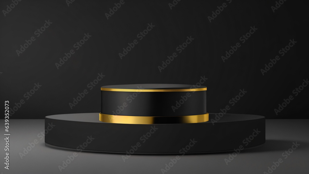 Black gold round podium for product presentation on dark background, 3D render Black gold round podium for product presentation on dark background, 3D render