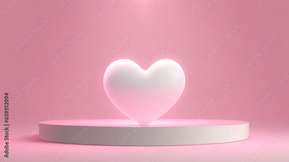 Bright heart shape pink bubble, pink podium and background, 3d render, love Valentines Day