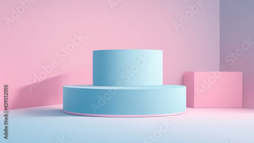 blue pink podium minimalist abstract background, primitive geometrical figures, 3D render