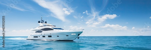 A luxury yacht sailing on the ocean blue with blue skies and blue waters