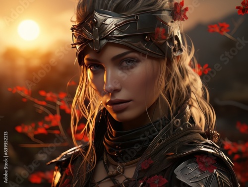 Portrait of beautiful epic warrior woman at sunset AI © Vitalii But