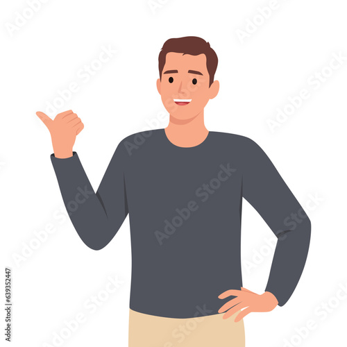 Young businessman is pointing to some thing with his thumb. Flat vector illustration isolated on white background