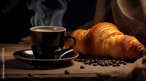 Freshly Baked Croissant Paired with Steaming Coffee on Rustic Wooden Table.