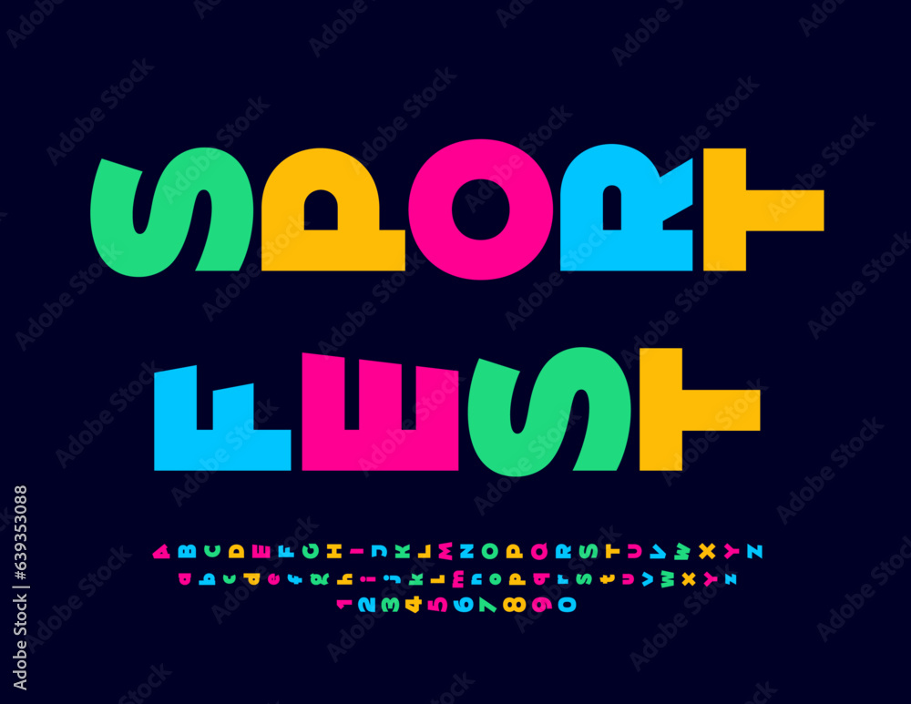 Vector creative poster Sport Fest. Colorful unique Font. Set of rotated Alphabet Letters and Numbers