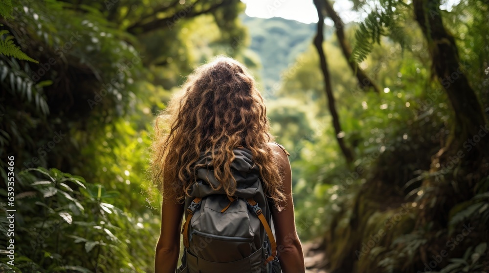 Female hiker, full body, view from behind, walking through a dense forest Female hiker, full body, view from behind, walking through a dense forest