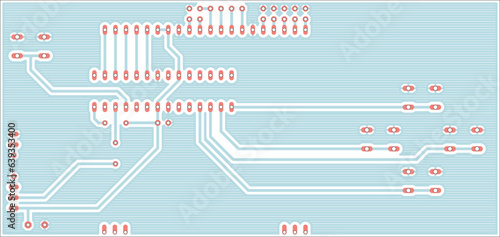 Vector drawing of the printed circuit board 
of an electronic device 
with conductors and contact pads.
Engineering technical project.
Electric background.