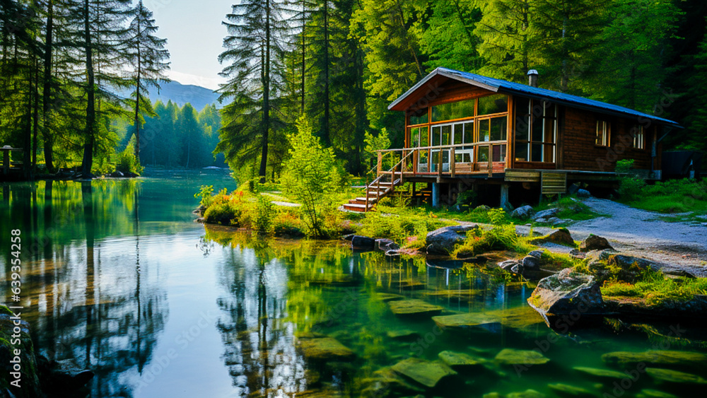 Fototapeta premium wooden house in the lake