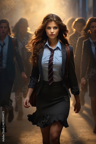 A young attractive female teacher going to school © Venka