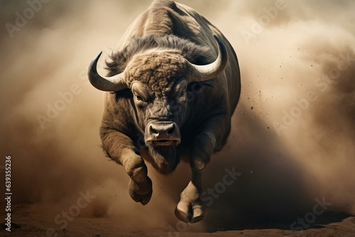 A buffalo running through the dust, representing the concept of a stampede. Generative AI