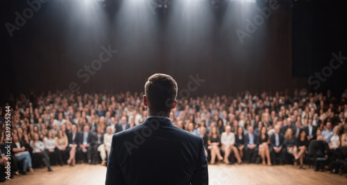 Motivational speaker giving remarks to audience from back of stage during conference or business event.