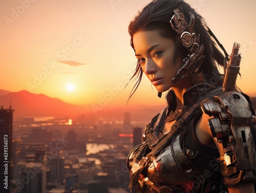 Portrait of beautiful epic warrior woman cyberpunk ninja at sunset AI © Vitalii But