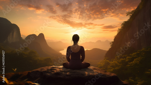 Silhouette of woman meditating in lotus sit position. Yoga in the morning. Mindfulness in nature. © Chanelle/Peopleimages - AI