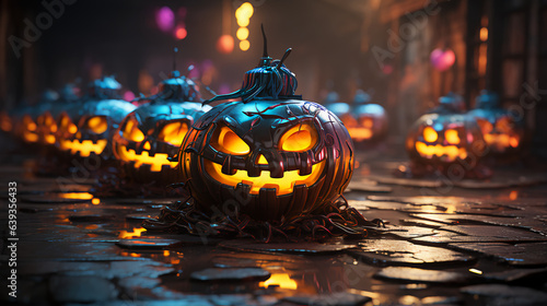 Halloween pumpkins. On Cobblestone at night.