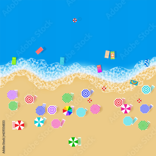 Sandy beach, top view. Coastline, surf, and color beach umbrellas and float inflatable mattresses. Beach holiday background. Vector illustration