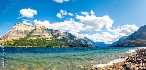 Vimy Peak, Mount Boswell, Mount Cleveland, as viewed from the shore of Upper Waterton Lake, in Waterton Park, Waterton Lakes National Park, Alberta, Canada