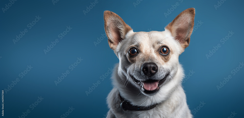 Chihuahua dog on a blue background. Copy space.  Cute smiling dog.
