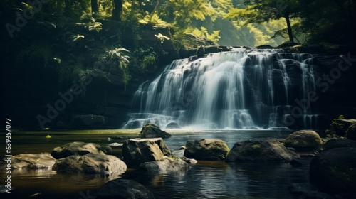 Beautiful view of waterfall and river in forest. Travel, peace and vacation.