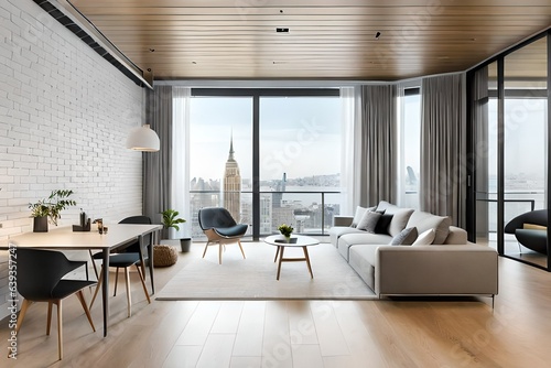interior design, Scandinavian style, Scandinavian design, white style, living room, modular furniture with cotton textiles, wooden floor, low ceiling, large steel windows viewing a city