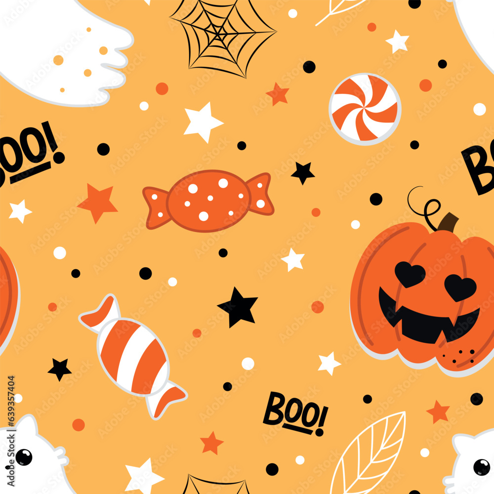 Halloween seamless pattern. Vector illustration of cute ghost cats, pumpkins and candies on an orange background. Vector cartoon seamless pattern. Halloween seamless pattern. Vector illustration of cute ghost cats, pumpkins and candies on an orange background. Vector cartoon seamless pattern.