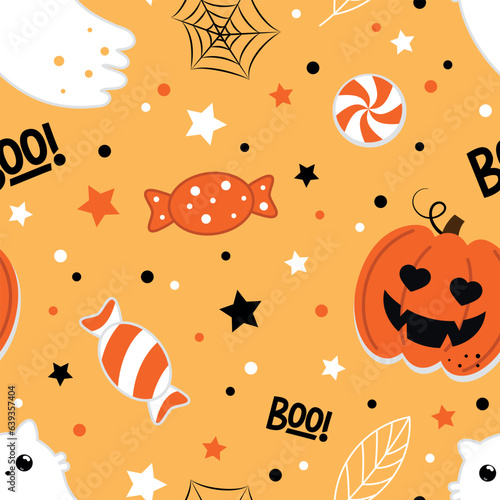 Halloween seamless pattern. Vector illustration of cute ghost cats, pumpkins and candies on an orange background. Vector cartoon seamless pattern.