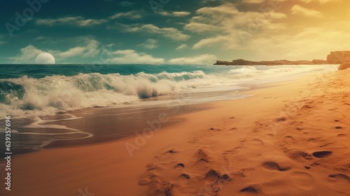 Beautiful seascape with waves on the beach at sunset time