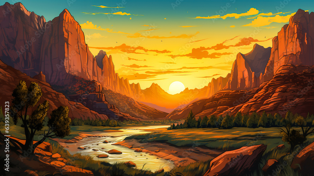 Beautiful stunning scenic view of Zion national park during sunrise in landscape comic style. Digital illustration generative AI.