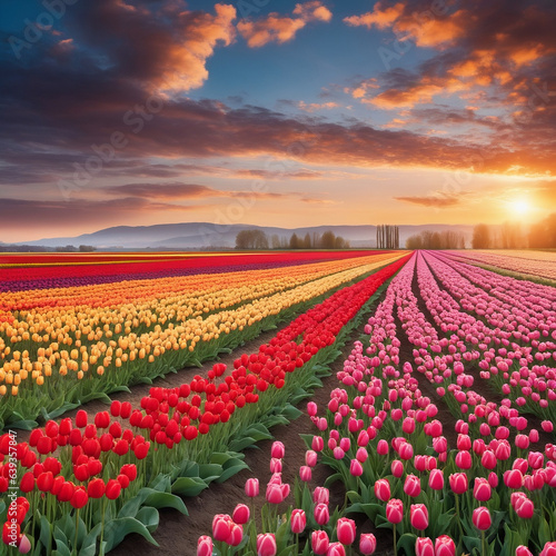 Field of tulips in spring. Generative AI.