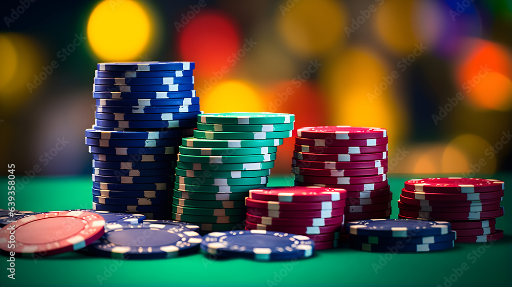 Stacks of colorful poker chips on a green casino table, representing gambling, risk, and casino entertainment. Stacks of colorful poker chips on a green casino table, representing gambling, risk, and casino entertainment.