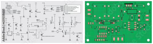 Vector drawing of the electrical schematic diagram 
and a printed circuit board 
of an electronic device with a microcontroller 
and a integrated circuit. Engineering technical project.