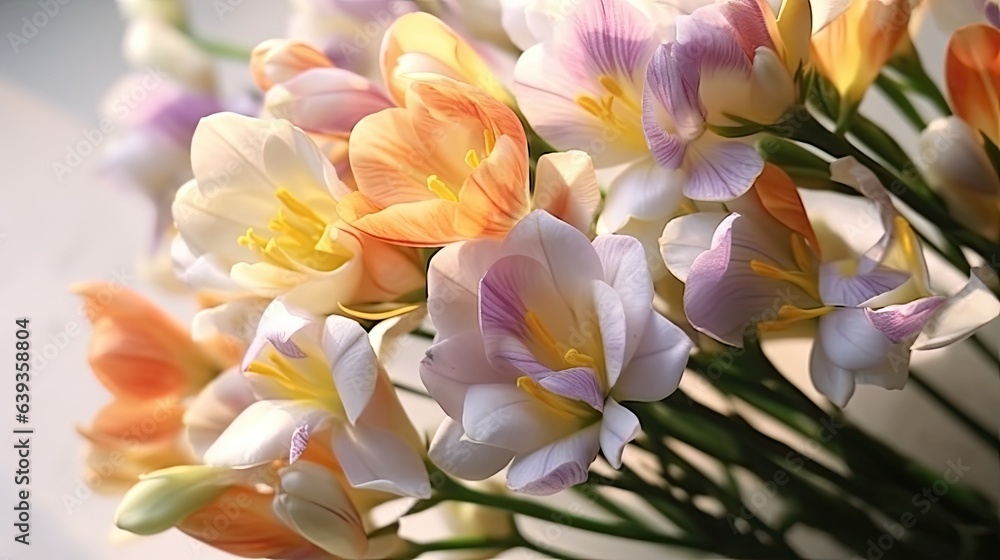 Bouquet of multicolored freesia flowers close up