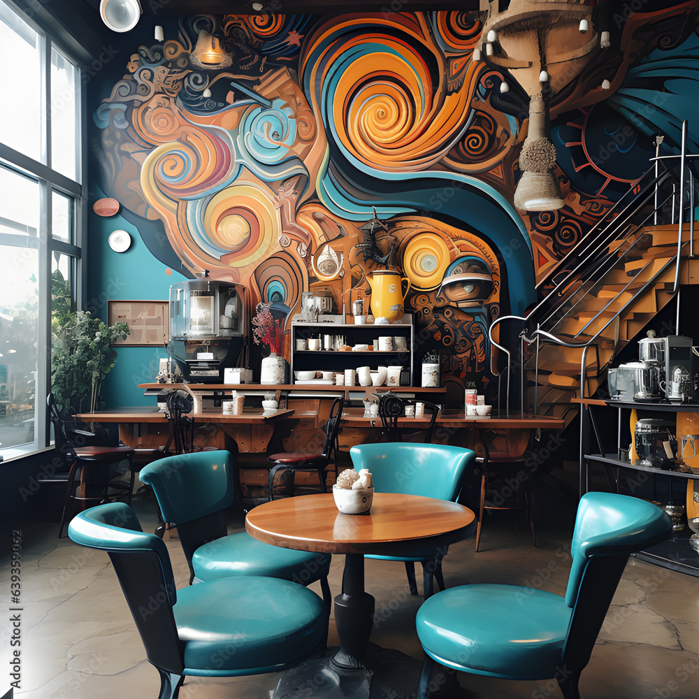 Uma linda cafeteria, moderna, colorida com uma decoração cheia de estilo