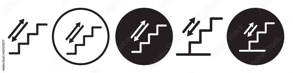 Stairs Icon. symbol of up or down walkway ladder in public mall. Vector set of people pedestrian to climb escalator or elevator. Flat outline of upward staircase to walk step Stairs Icon. symbol of up or down walkway ladder in public mall. Vector set of people pedestrian to climb escalator or elevator. Flat outline of upward staircase to walk step