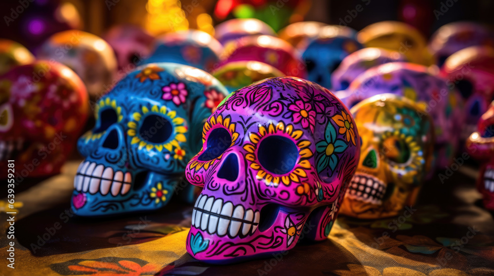 varias calaveras decoradas con pinturas de varios colores con tematica para el dia de los muertos.