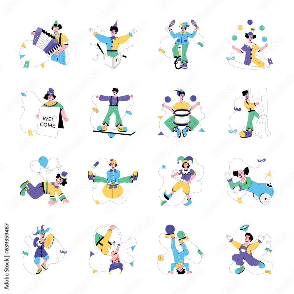 Set of Clown Characters Flat Illustrations 

