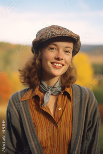A young woman stands in a vibrant autumn landscape, her smile brightening the portrait as she poses wearing a stylish hat and scarf © Glittering Humanity