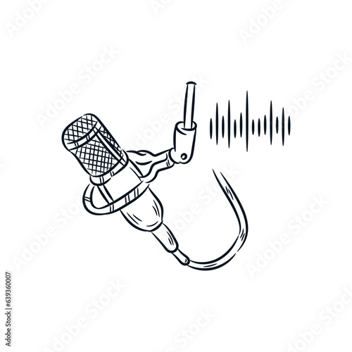 Microphone podcast and sound waveform sketch line vector hand drawn illustration