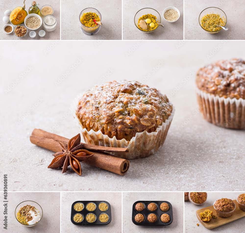 Fototapeta premium Cooking healthy muffins with oatmeal and nuts, collage, do it yourself, step by step, ingredients, cooking steps, final dish on a light beige stone table