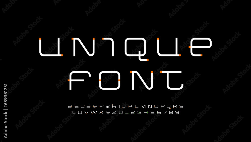 Technical wide thin future font, digital cyber alphabet, trendy original letters from A to Z and numbers from 0 to 9 for interface design, vector illustration 10EPS